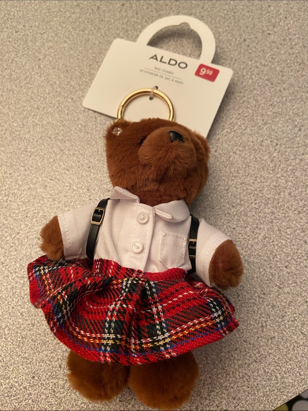 ALDO Brown Bear Keychain with Red Plaid Skirt and White Shirt